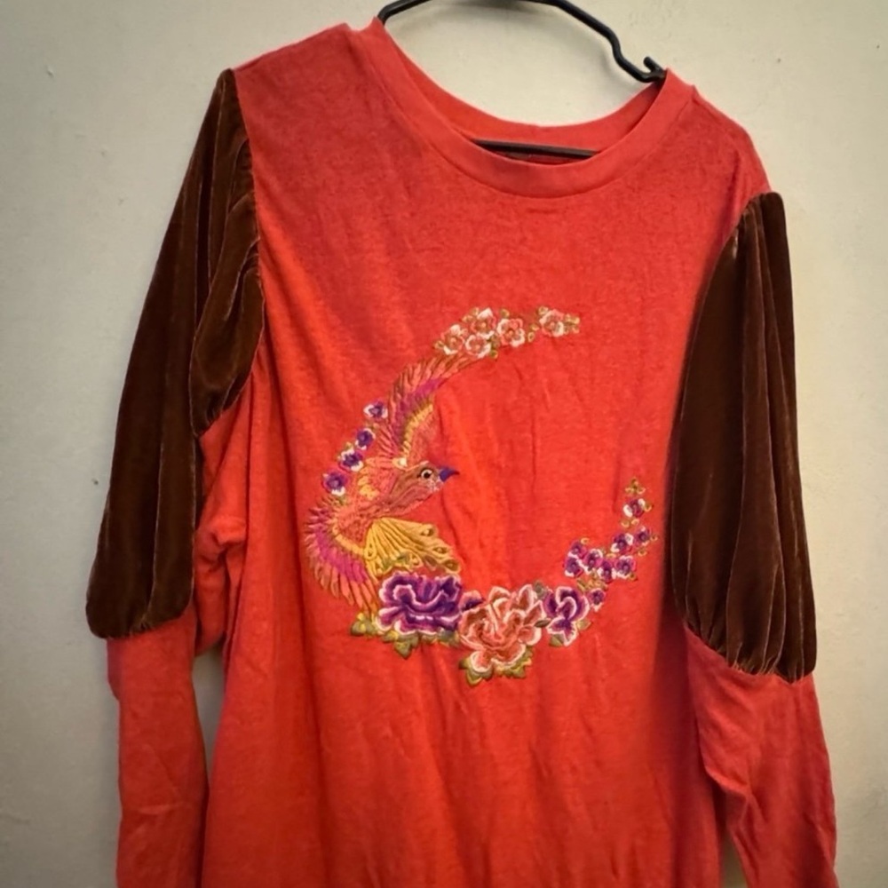 Embroidered Red Top with Velvet Sleeves